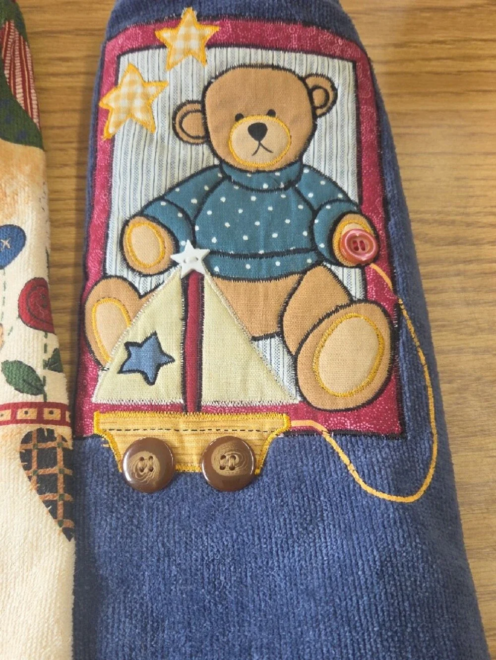 Blue Bear Appliqué Kitchen Towel with Sailboat